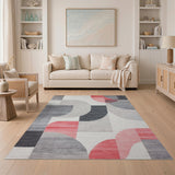 Geometric Grey Abstract Rug with Red Curves