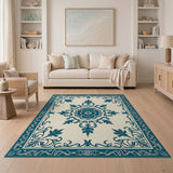 Blue and Teal Teal Floral Medallion Cream Area Rug