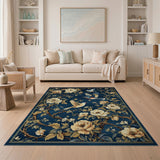 Navy Peony and Songbirds Floral Area Rug
