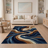 ODIKA Washable Abstract Swirl Area Rug - Navy & Copper Modern Low Pile Non-Slip Carpet
