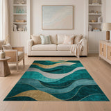 Teal Abstract Wave Area Rug with Gold Accents