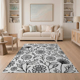 Black White Floral Outline Area Rug
