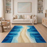 Blue and Teal Coastal Wave Beige Area Rug