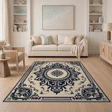 Ornate Beige Medallion Area Rug with Black Scrolls