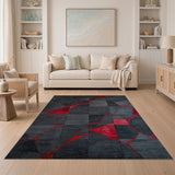 ODIKA Modern Abstract Grey & Red Washable Rug - Low Pile Non-Slip Area Rug