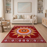 Red Starburst Mandala Rug with Floral Borders
