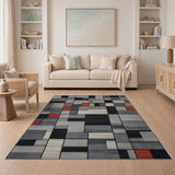 Modern Geometric Grey Red Block Area Rug