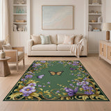 ODIKA Washable Vintage Floral Butterfly Green Area Rug - Low Pile Non-Slip Carpet