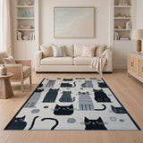 Kids Cartoon Black and White Playful Black Cat Cartoon Area Rug