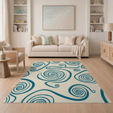 Teal Swirl Abstract Area Rug on Cream