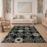 Black White Vintage Floral Motif Area Rug
