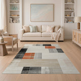 Modern Geometric Beige Area Rug with Orange Grey Blocks