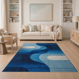 Abstract Blue Geometric Wave Area Rug