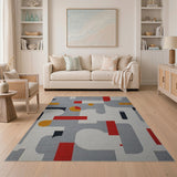 Abstract Geometric Grey Area Rug with Red Orange Accents