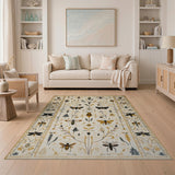 Golden Bees Butterflies Floral Cream Rug