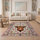 Shaggy Highland Cow Pink Floral Persian Rug