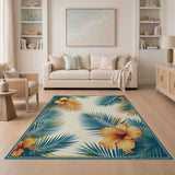 Teal Palm Fronds and Orange Hibiscus Area Rug