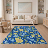 Vibrant Yellow Flowers on Navy Blue Area Rug
