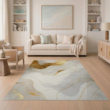 ODIKA Modern Abstract Gold and White Washable Area Rug - Low Pile Non-Slip Living Room Carpet