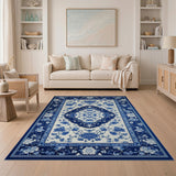 Elegant Blue White Chinoiserie Floral Rug
