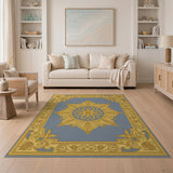 Ornate Gold Medallion Blue Area Rug