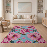 Vintage Pink Peony Floral Teal Area Rug