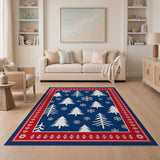 Navy Blue Christmas Trees Snowflakes Area Rug Red Border