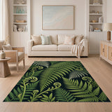 Lush Fern Fronds on Black Area Rug