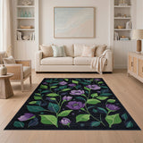 Purple Floral Area Rug with Green Leaves