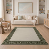 Ornate Green Border Beige Area Rug
