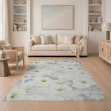 Grey Floral Vintage Area Rug with White Blooms