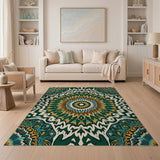 Teal Mandala Boho Area Rug with Orange Accents