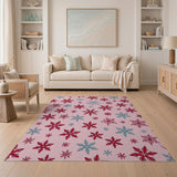 Pink Snowflake Pattern Area Rug with Red Blue Accents