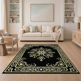 Elegant Black Gold Ornate Mandala Rug