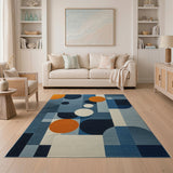 Abstract Blue Geometric Area Rug with Orange Circles