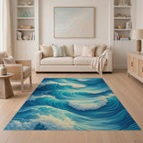 Coastal Beach Dynamic Ocean Waves Blue Teal Area Rug