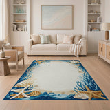 Coastal Starfish Seashell Blue Border Area Rug