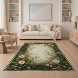 Ornate Green Peony Vine Border Rug