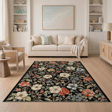 Black Floral Vintage Area Rug with Vibrant Blooms