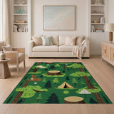 Whimsical Green Forest Kids Rug with Deer Tent