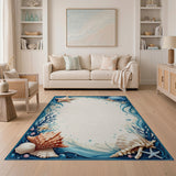 ODIKA Coastal Ocean Shells Washable Area Rug - Low Pile Non-Slip Nautical Mat