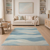 ODIKA Blue Abstract Wave Washable Area Rug - Low Pile, Non-Slip, Pet Friendly