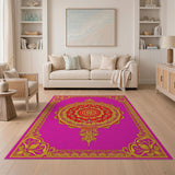 Vibrant Pink Mandala Area Rug with Gold Ornate Borders
