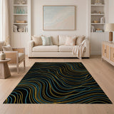 Wavy Lines Abstract Area Rug in Teal, Yellow Black
