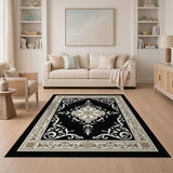 Ornate Black Ivory Floral Medallion Rug