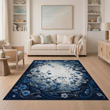 Washable Elegant Blue Botanical Floral Area Rug - Low Pile & Non-Slip