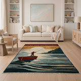 Tranquil Fisherman Sunrise Lake Scene Rug