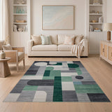 Grey Modern Geometric Grey Green Area Rug