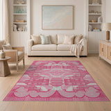 Pink Geometric Abstract Area Rug with Heart Motifs