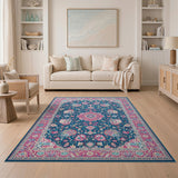 Navy Persian Area Rug with Pink Floral Motifs